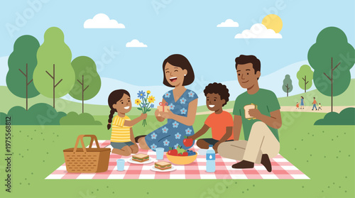 A heartwarming flat design illustration depicting a diverse family enjoying a joyful Mother's Day picnic in a park. This minimalist vector art captures togetherness and celebration