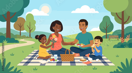 A heartwarming flat design illustration depicting a diverse family enjoying a joyful Mother's Day picnic in a park. This minimalist vector art captures togetherness and celebration