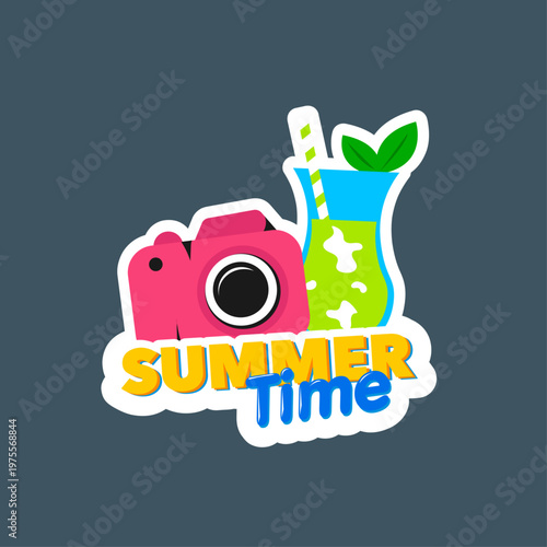 Summer Time Vector Sticker Flat Design Camera and Tropical Cocktail Icon