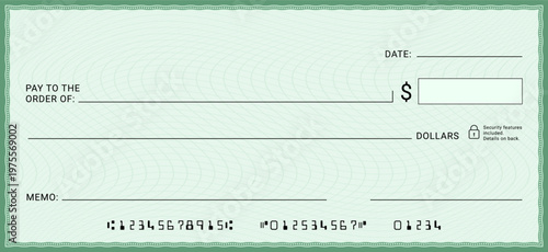 Blank payment check layout for financial transactions and banking design. Editable cheque template with modern guilloche security background. Money check, coupon, voucher,