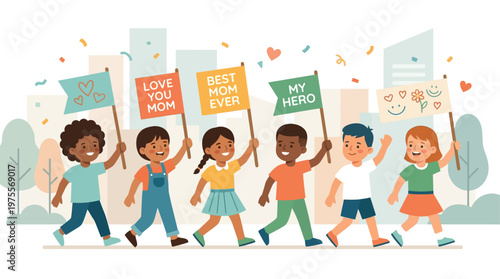 A joyful flat design illustration showing diverse children participating in a Mother's Day parade, proudly carrying banners with messages for their moms. 