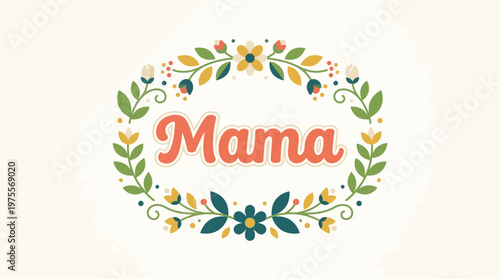 A delightful flat design typography illustration of the word "Mom" elegantly framed by delicate abstract floral elements. This minimalist vector art embodies gentle maternal love and beauty.
