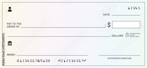 Blank bank check template. Realistic business cheque mockup design for financial use. Winner money check, coupon, voucher, gift card