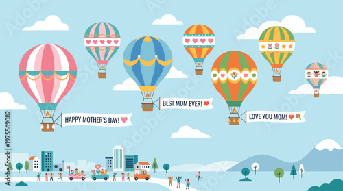 A whimsical flat design illustration depicting a Mother's Day parade of colorful hot air balloons, each carrying special messages. This minimalist vector art creates a dreamy and celebratory atmospher