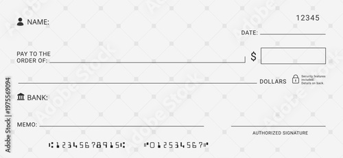 Bank check. Money payment bank check voucher or pay cash cheque certificate. Personal desk check template with empty field to fill