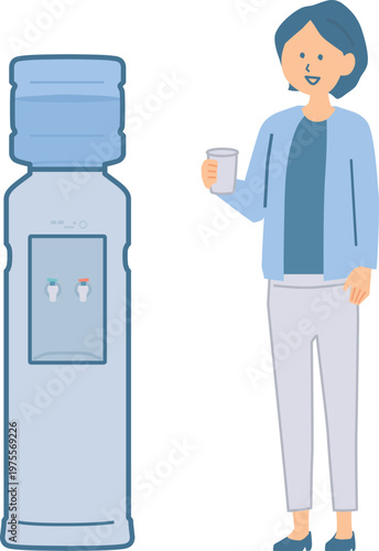 ウォーターサーバーで水分補給する女性のイラスト