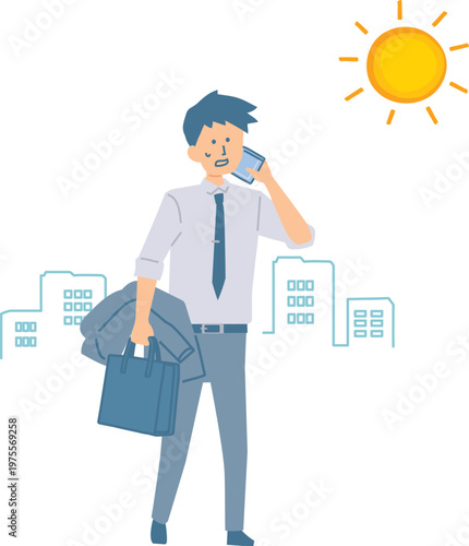 汗をぬぐう外回り中のビジネスマンのイラスト