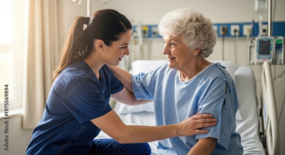 Fototapeta premium A young female nurse is comforting an elderly woman in a hospital room. The nurse is kneeling beside the patient's bed, gently placing her hand on the woman's arm and offering a reassuring smile. 