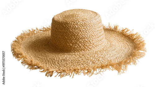 Cuadro en lienzo Wide-brimmed straw hat with frayed edges, isolated on transparent background