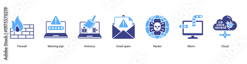 Network Defense web banner icon vector illustration featuring Firewall, Warning Sign, Antivirus, E-mail Spam, Hacker, Worm, and Cloud.