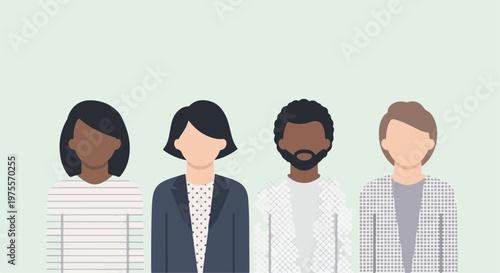 Diverse group of people avatars in flat design style, multiethnic team of professional characters, inclusive community of men and women icons