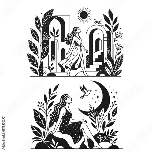 Collection of woman silhouettes depicting day night cycles. Nature landscape scene, sun moon balance, celestial bodies elements. Black and white vector art set