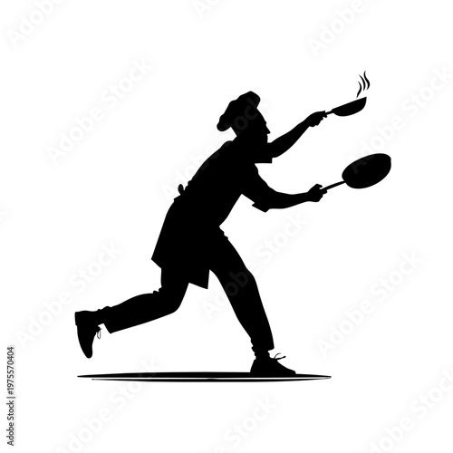 Chef silhouette in dynamic pose juggling pans with steam rising during culinary preparation