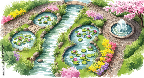 Watercolor garden landscape with koi ponds and stone paths, serene botanical park with water lily ponds and fountain, lush floral garden illustration