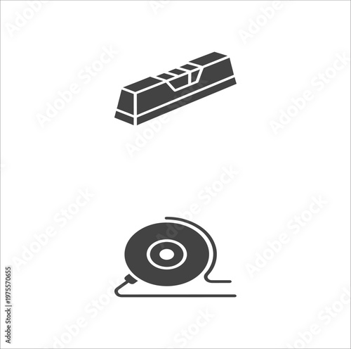A simple vector icon set featuring a video camera and vinyl record with music and audio equipment elements in black and white style