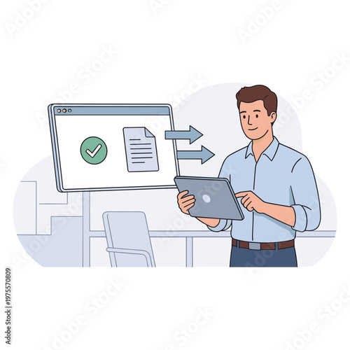 A man in an office interacts with a laptop while viewing a computer screen displaying document transfer.