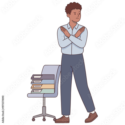 A man standing with arms crossed next to a chair piled with books.