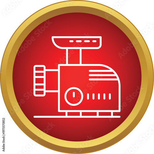 White outline of a kitchen meat grinder on a red circular background