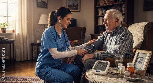 A healthcare nurse is taking an elderly man's blood pressure in a warmly lit living room. The nurse, a young woman with long, dark hair pulled back in a ponytail, 