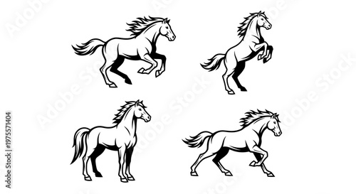 Four horses in various poses, black and white illustration.