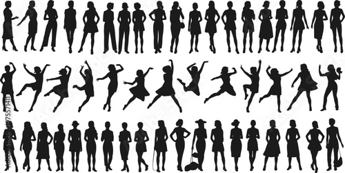 Black silhouettes of women in various poses and outfits 