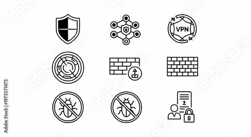 Professional collection of digital cybersecurity line icons representing network protection internet safety virtual private networking and software bug prevention for modern technological development 