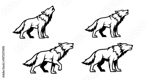 Four howling wolves in black and white illustration.