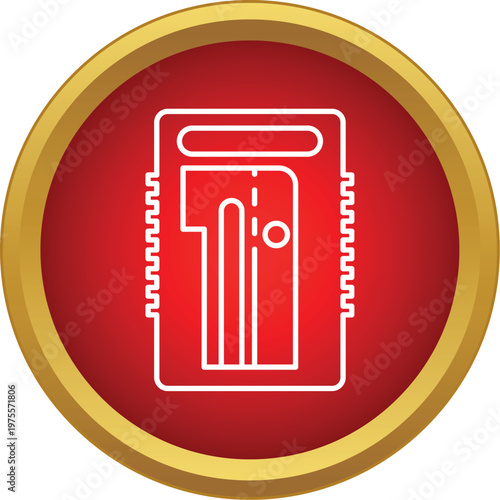 White outline of a pencil sharpener in a red circle creating an icon