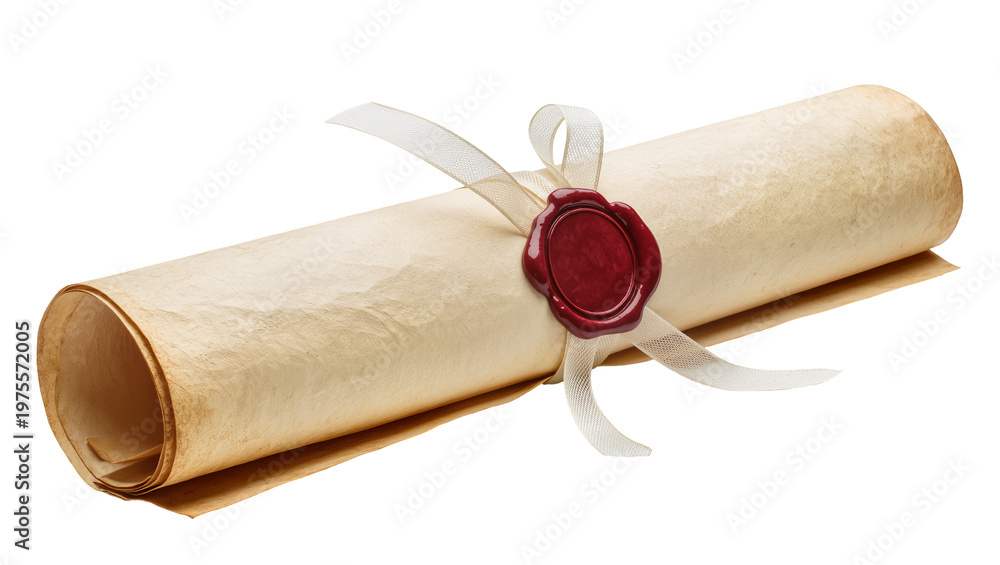 Fototapeta premium Rolled parchment scroll sealed with red wax and ribbon, isolated on transparent background