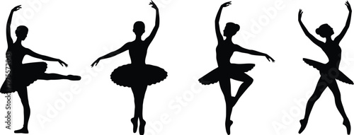 Four black silhouettes of ballerinas in various dance poses on white