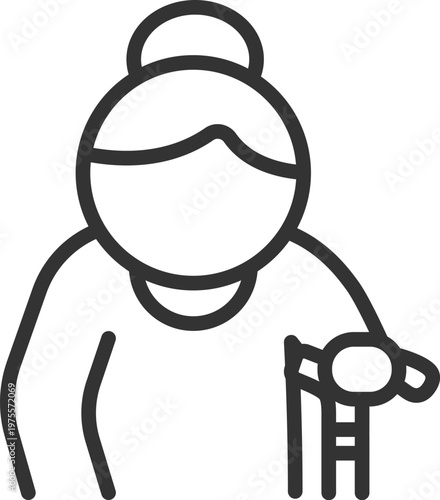 杖をついた、高齢者女性のアイコン（線画）のイラスト