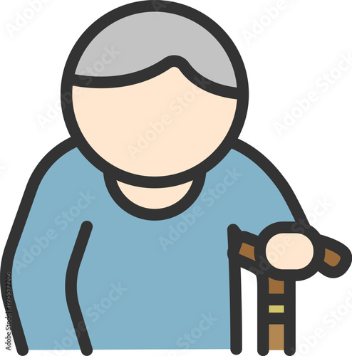 杖をついた、高齢者男性のアイコン（線画カラー）のイラスト