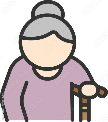 杖をついた、高齢者女性のアイコン（線画カラー）のイラス