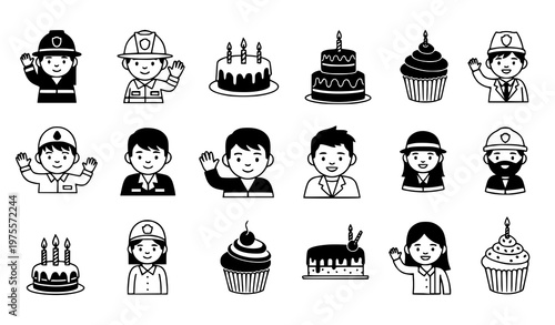 Set of people avatars professions and bakery dessert icons including cakes cupcakes and workers in flat black design collection