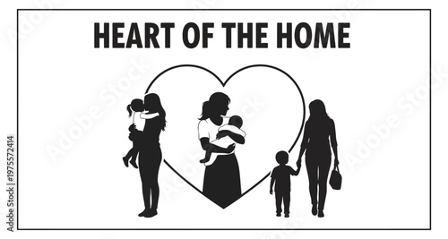 Family silhouettes in a heart shape representing maternal love and home unity