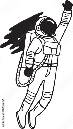 Cartoon astronaut floating in space with retro rocket pack illustration, generative AI