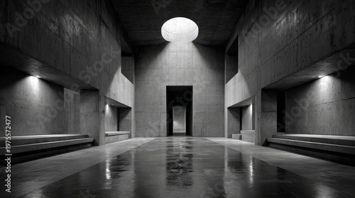 Modern concrete church interior with expansive stone floor and cold textured surfaces, illuminated by direct ceiling light beam, large open space, black and white minimalistic architecture.