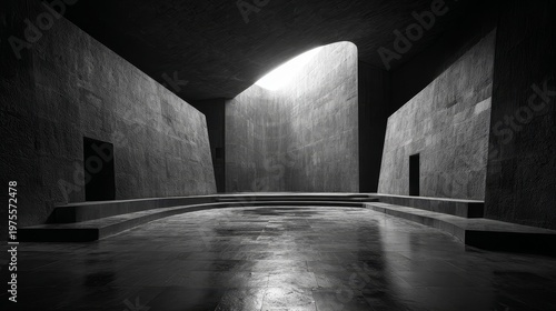 Modern concrete church interior with expansive stone floor and cold textured surfaces, illuminated by direct ceiling light beam, large open space, black and white minimalistic architecture.