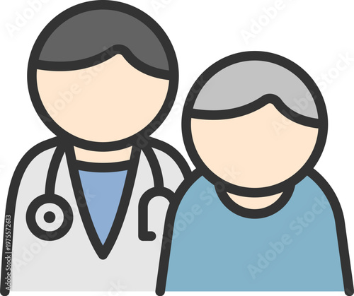 医師と高齢者のアイコン（線画カラー）のイラスト