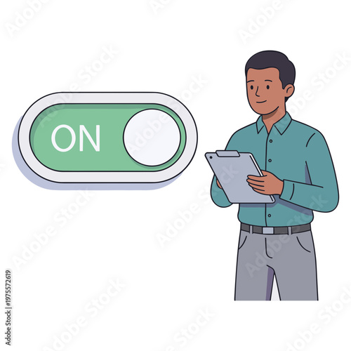 Man activates switch on clipboard near office worker