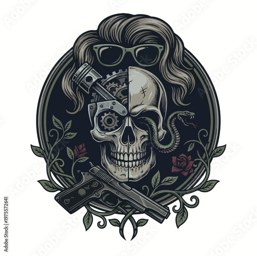 Vintage skull illustration with mechanical elements and floral motifs