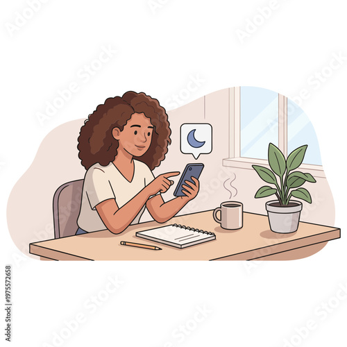 Woman sits at desk working on phone with moon symbol