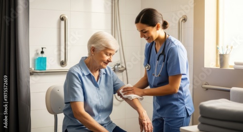 A young female nurse is assisting an elderly woman with washing her arm in a bathroom. The nurse is wearing a blue scrub uniform 