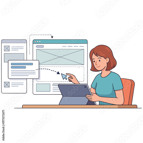 Woman uses a digital tablet to interact with floating web design elements on a desktop.