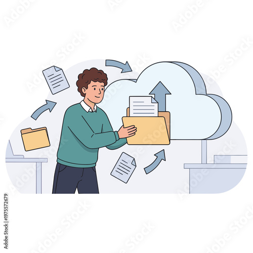 Man uploading documents from folder to cloud storage service