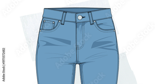 Close up front view of blue denim jeans showing the waistband button pockets and stitching details in a realistic fashion sketch.
