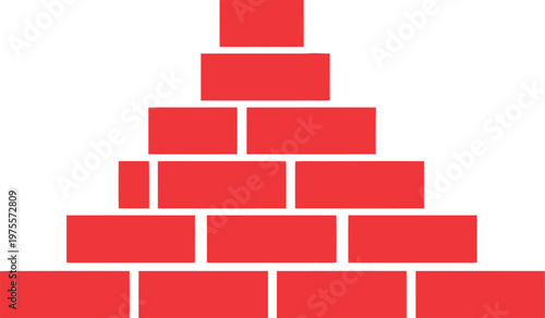 Red bricks are stacked precisely to form a pyramid shape, representing construction.