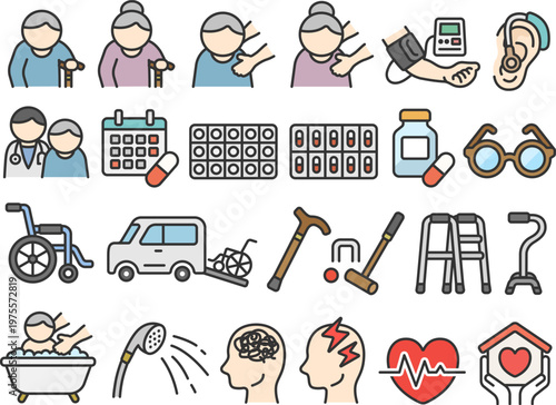 高齢者・介護・医療のアイコン（線画カラー）のイラストセット