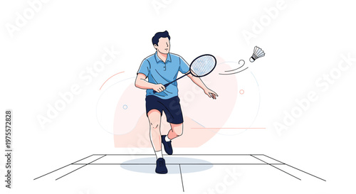 Professional badminton player in blue shirt and black shorts jumping to hit shuttlecock with racket on court illustration.