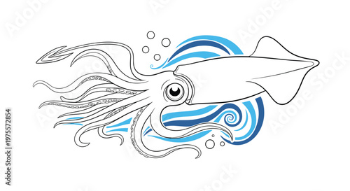 Giant squid swimming gracefully through deep blue ocean waves with bubbles in a stylized graphic sea life illustration.